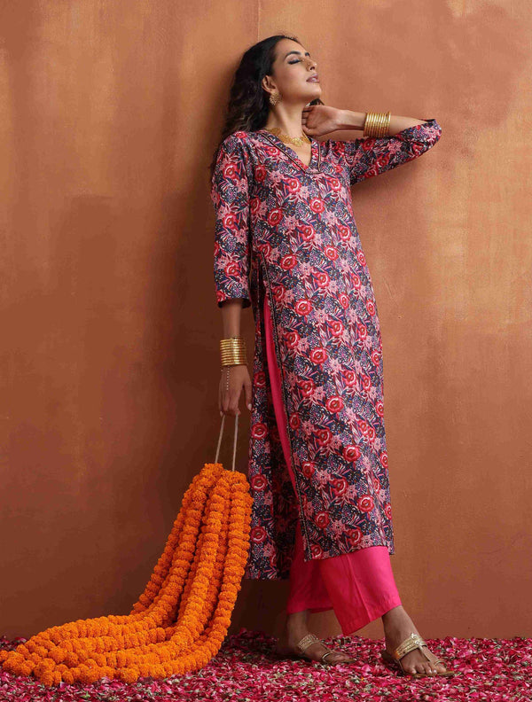 trueBrowns Pink Print High Slit Kurta Set - Distacart