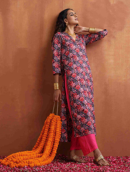 trueBrowns Pink Print High Slit Kurta Set - Distacart