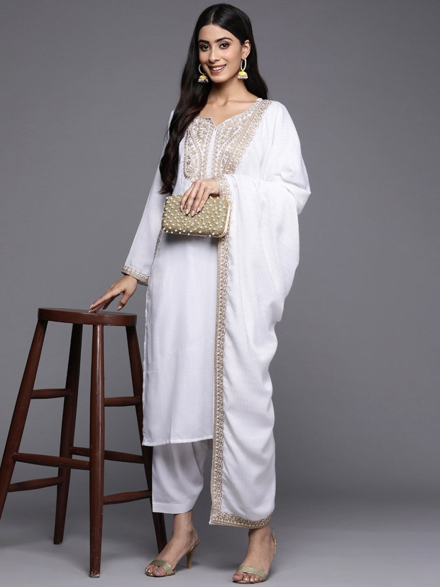 Ahalyaa Women White Ethnic Motifs Embroidered Aari Work Pashmina Kurta with Salwar & With Dupatta - Distacart