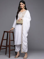 Thumbnail for Ahalyaa Women White Ethnic Motifs Embroidered Aari Work Pashmina Kurta with Salwar & With Dupatta - Distacart