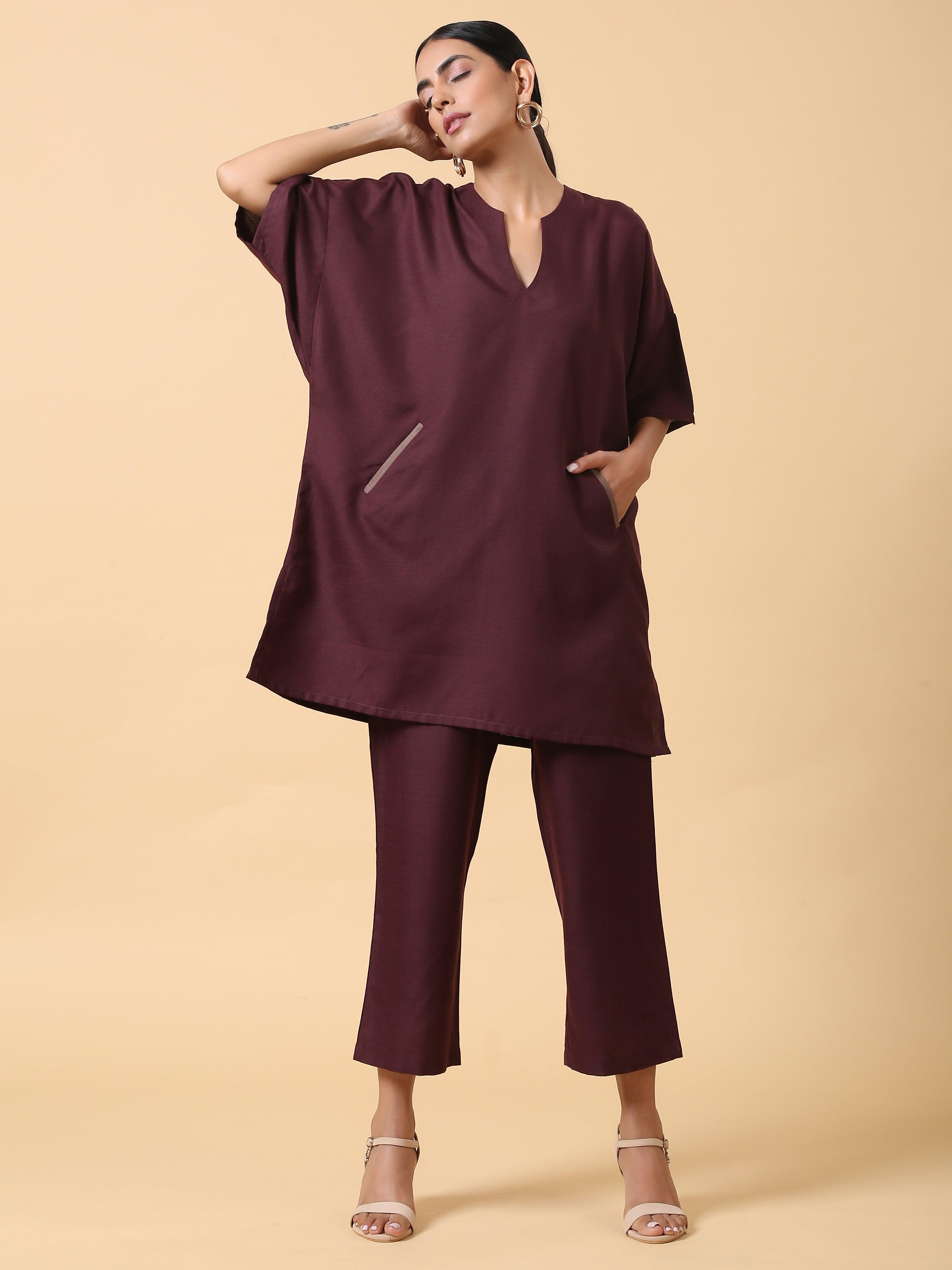 trueBrowns Cotton Linen Purple Boxy Fit Co-Ord Set - Distacart