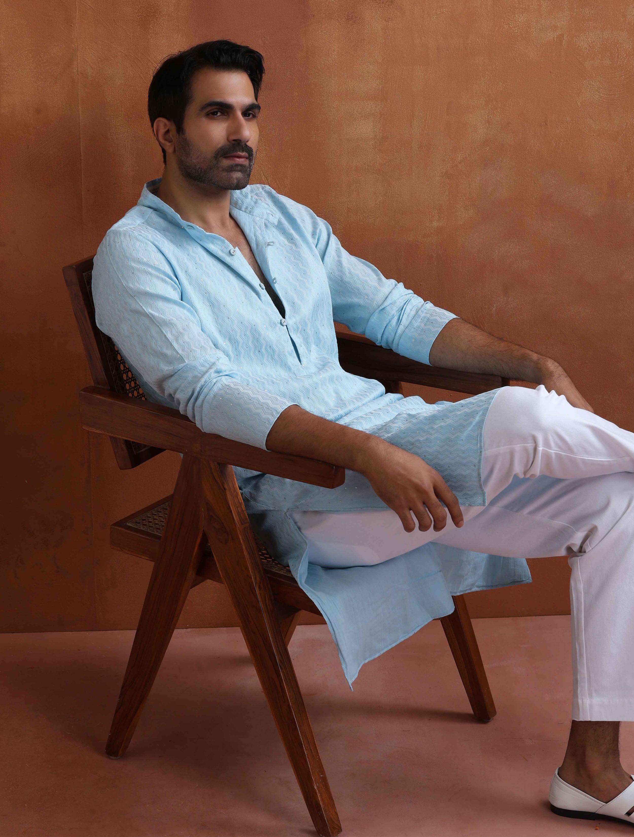 trueBrowns Men's Blue Sequin Chanderi Kurta - Distacart