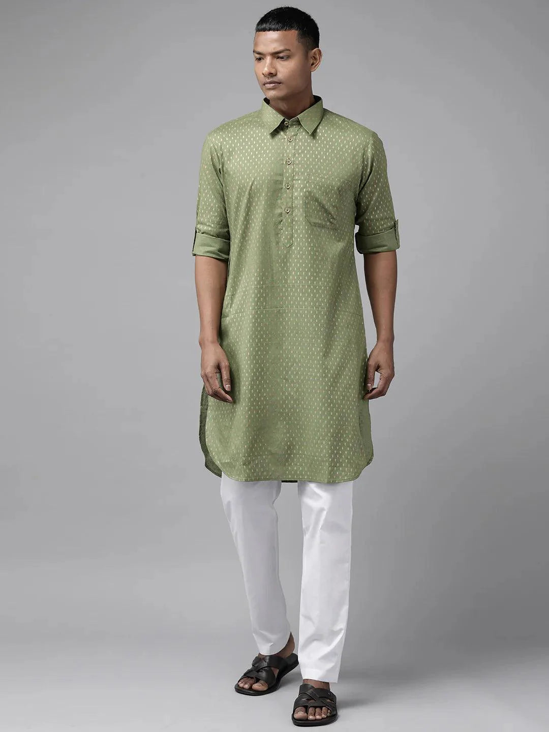 Fabmade Pure Cotton Olive Green Printed Pathani Kurta Pyjama