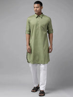Thumbnail for Fabmade Pure Cotton Olive Green Printed Pathani Kurta Pyjama