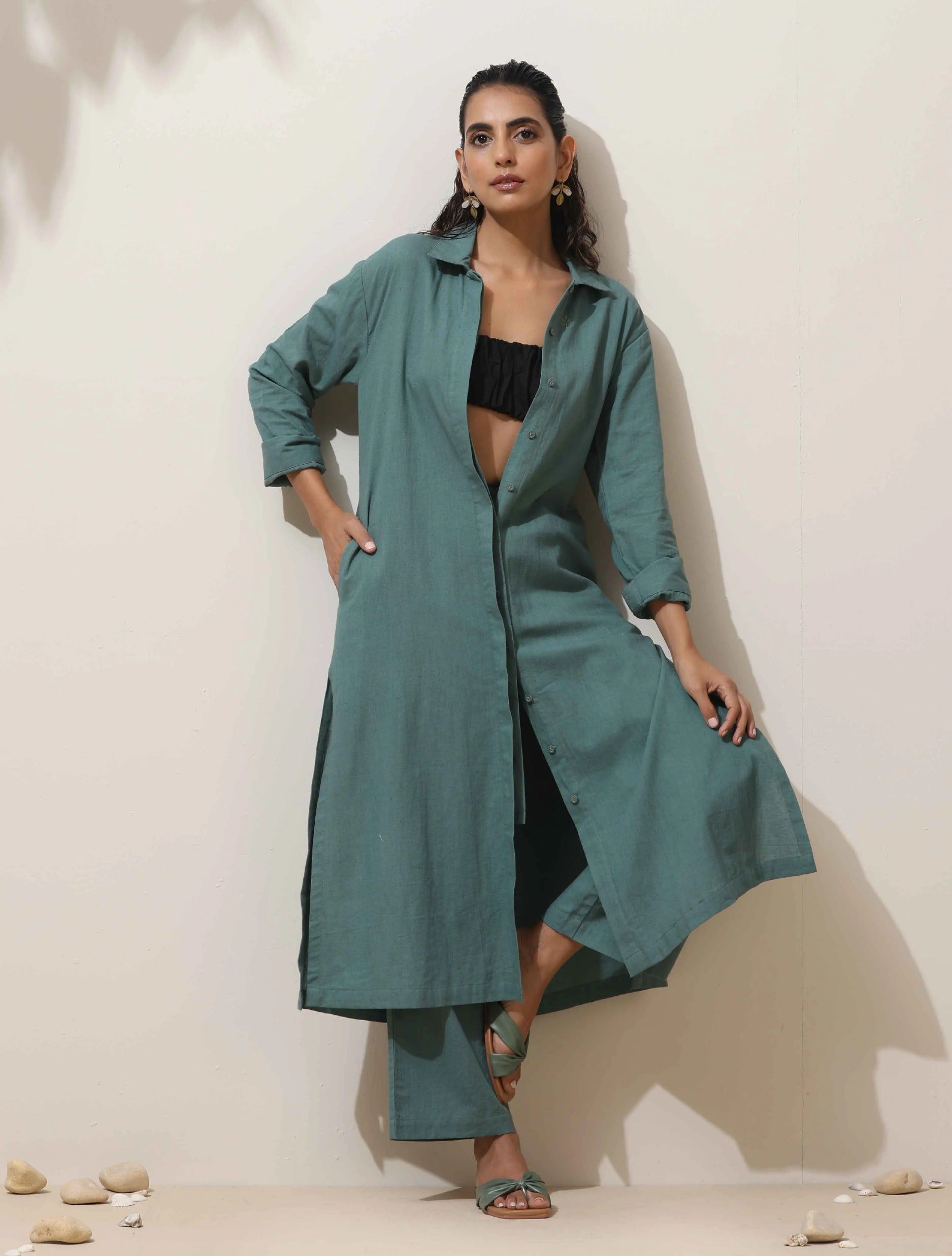 trueBrowns Green Cotton Linen Kurta Pant Set - Distacart