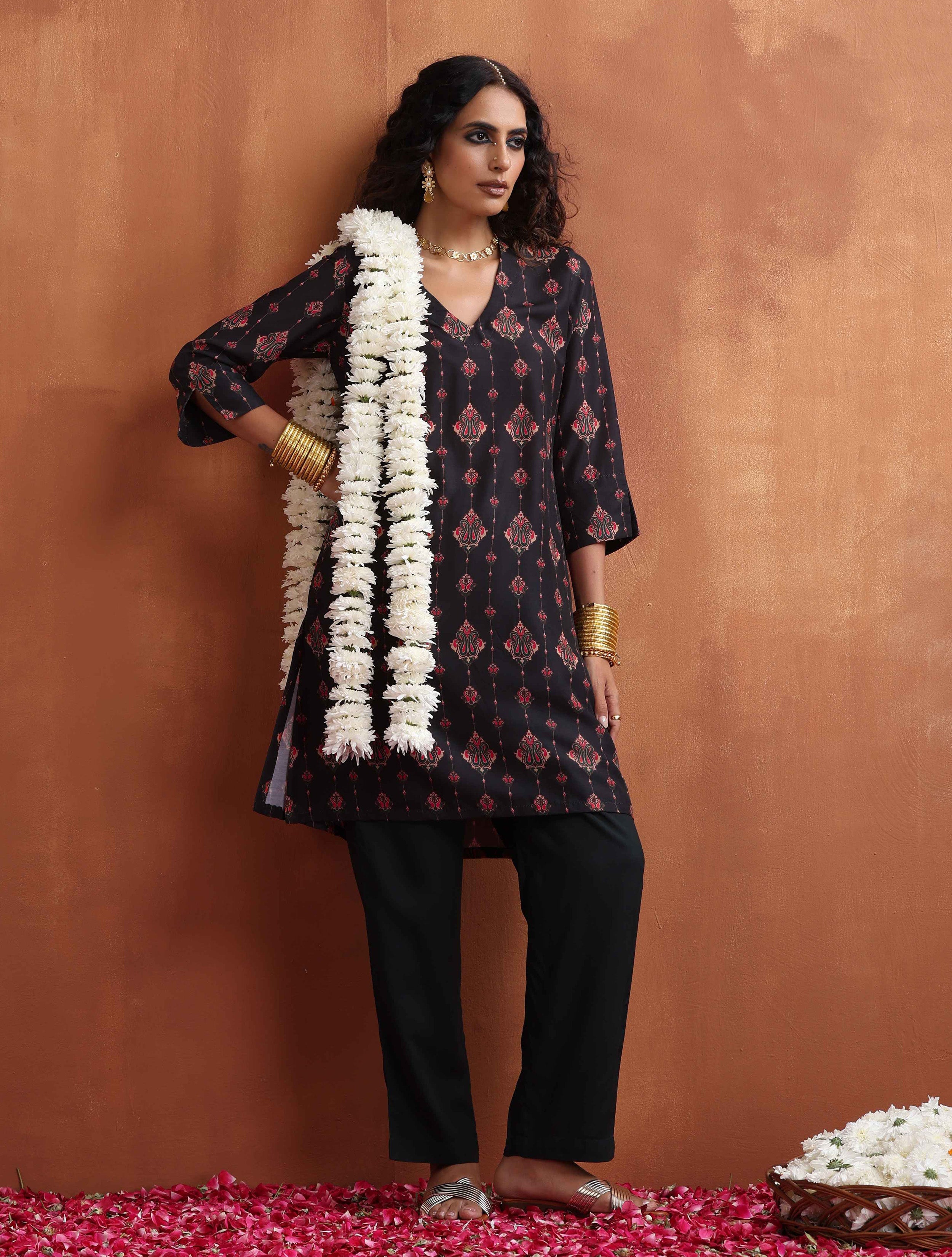 trueBrowns Black Print Kurta Co-ord Set - Distacart