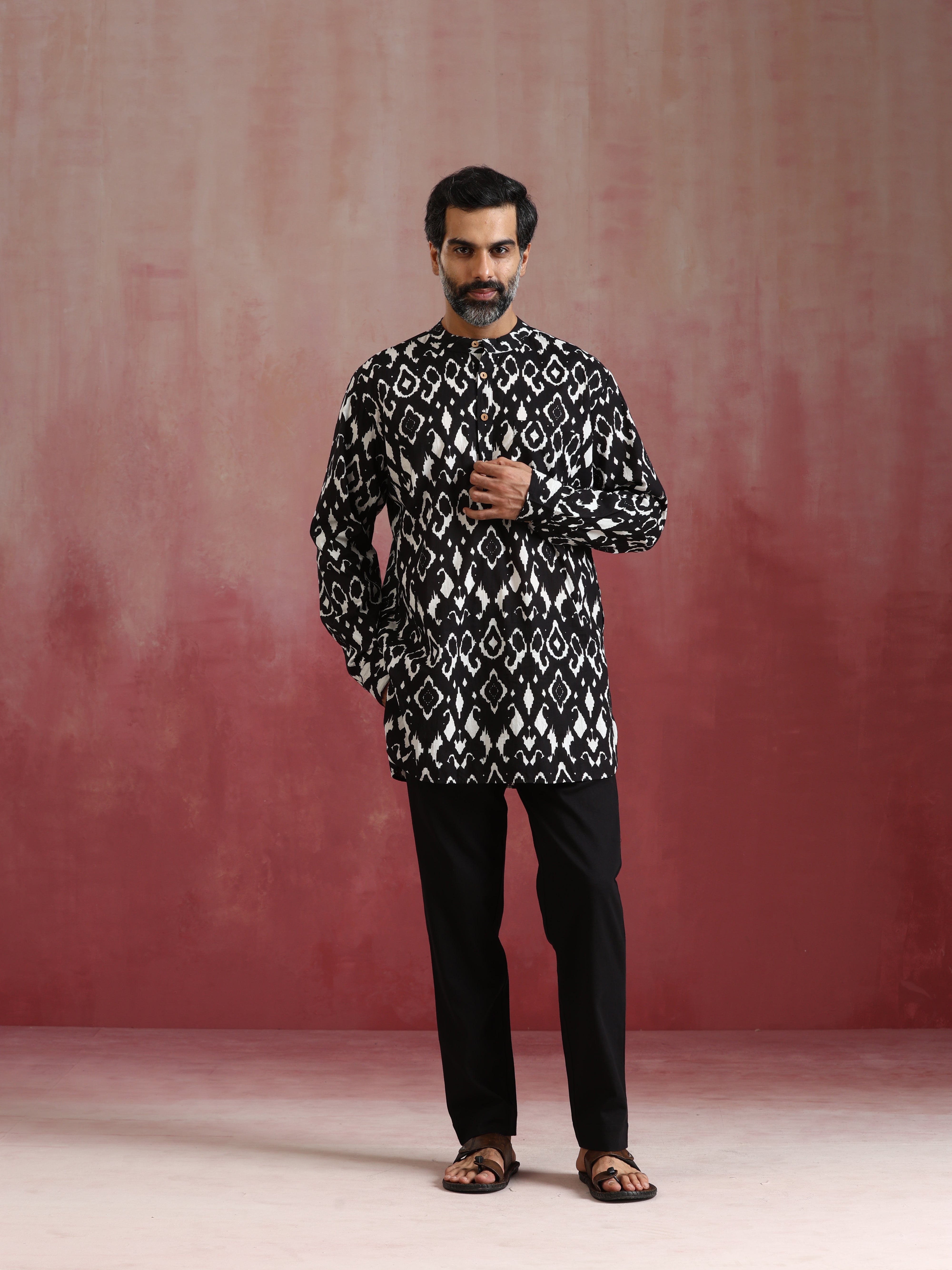 trueBrowns Men's Black Ikat Print Mandarin Collar Kurta Co-ord set - Distacart