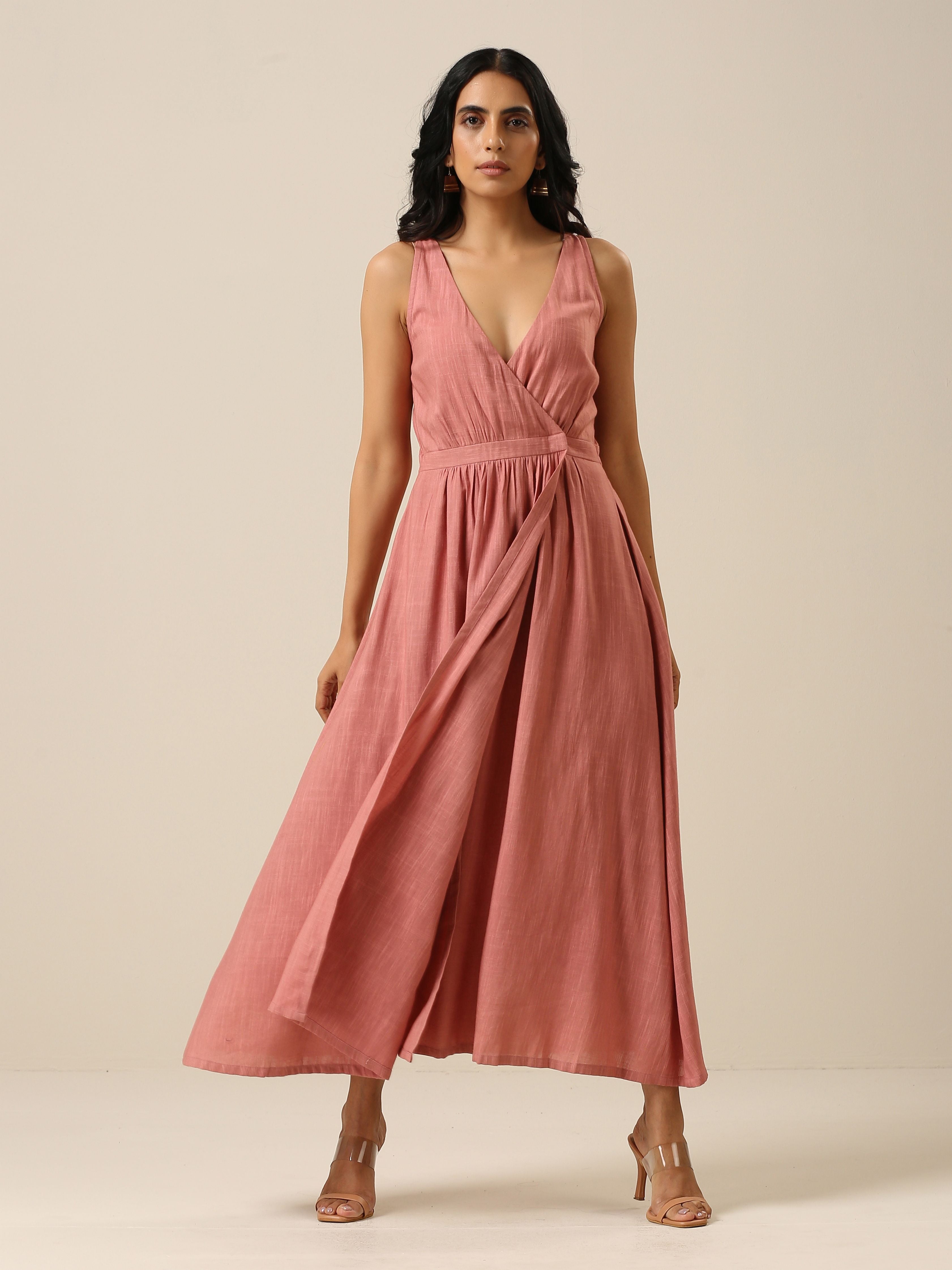 trueBrowns Light Mauve Slub Texture Sleeveless Wrap Dress - Distacart