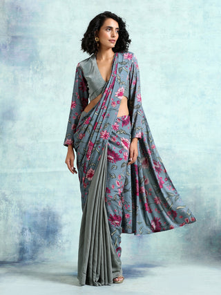 trueBrowns Grey Printed Velvet Ready to Wear Saree - Distacart