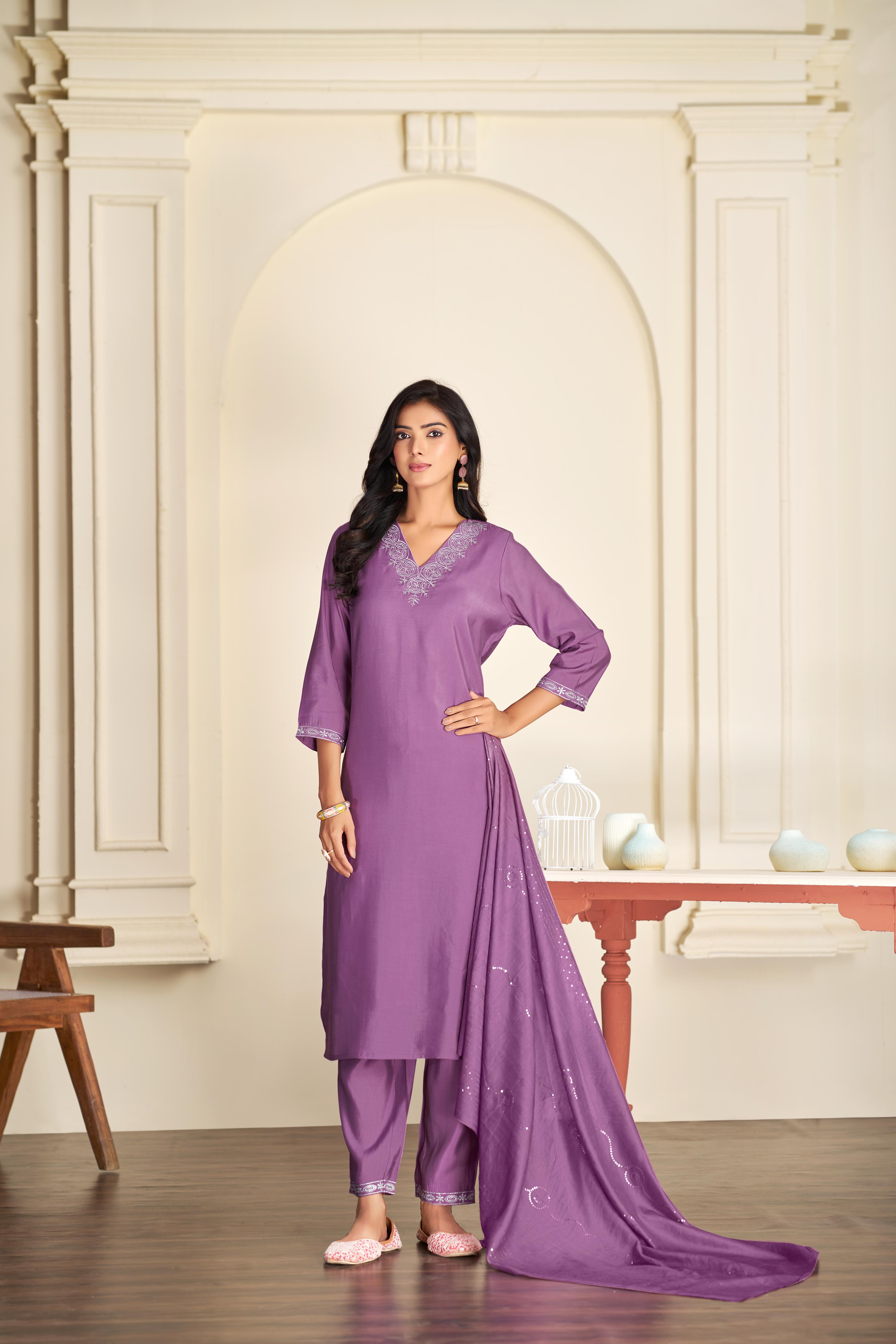 BulBul Mira Purple Silk Kurta Set with Dupatta