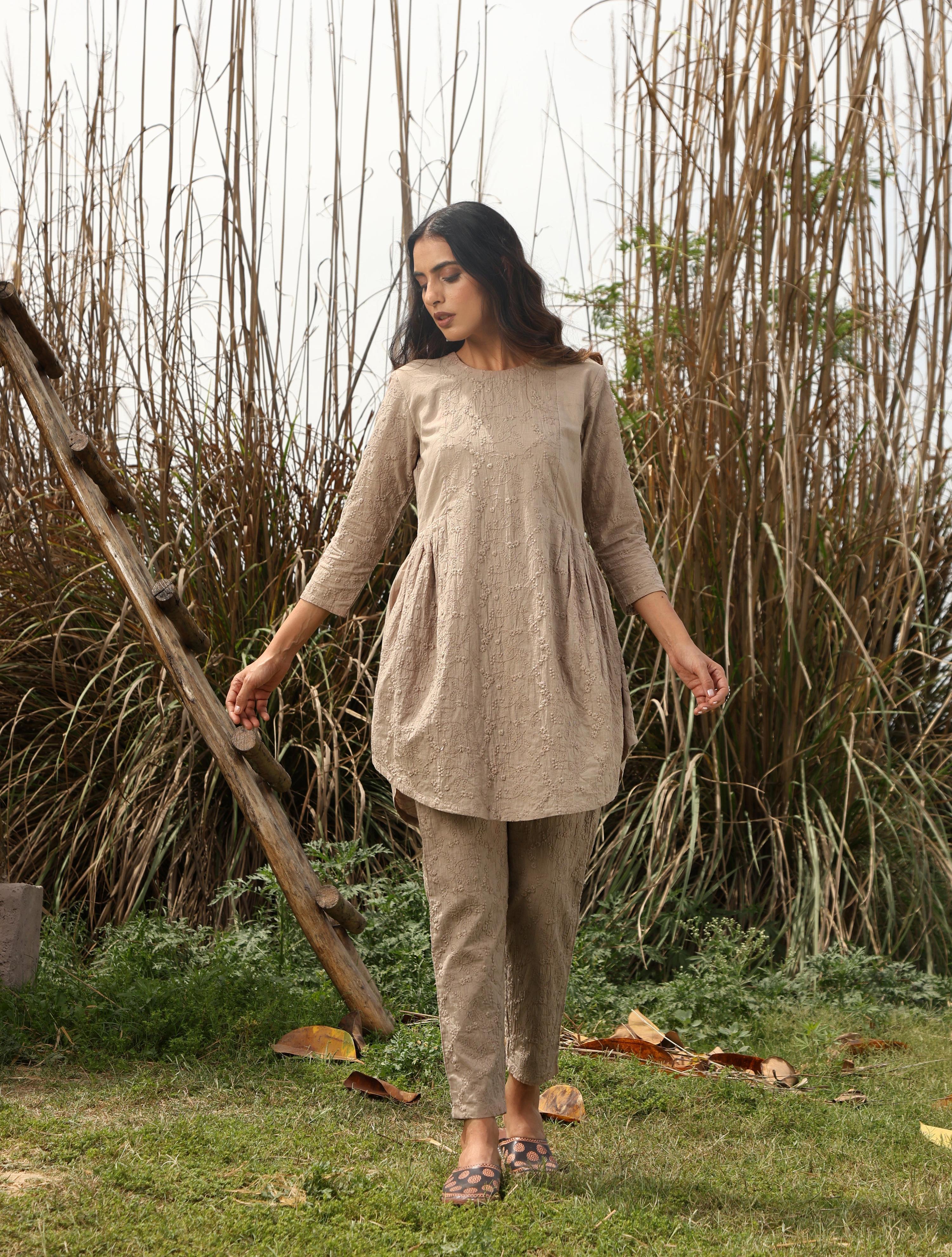 trueBrowns Khaki Cotton Embroidered Co-ord Set - Distacart