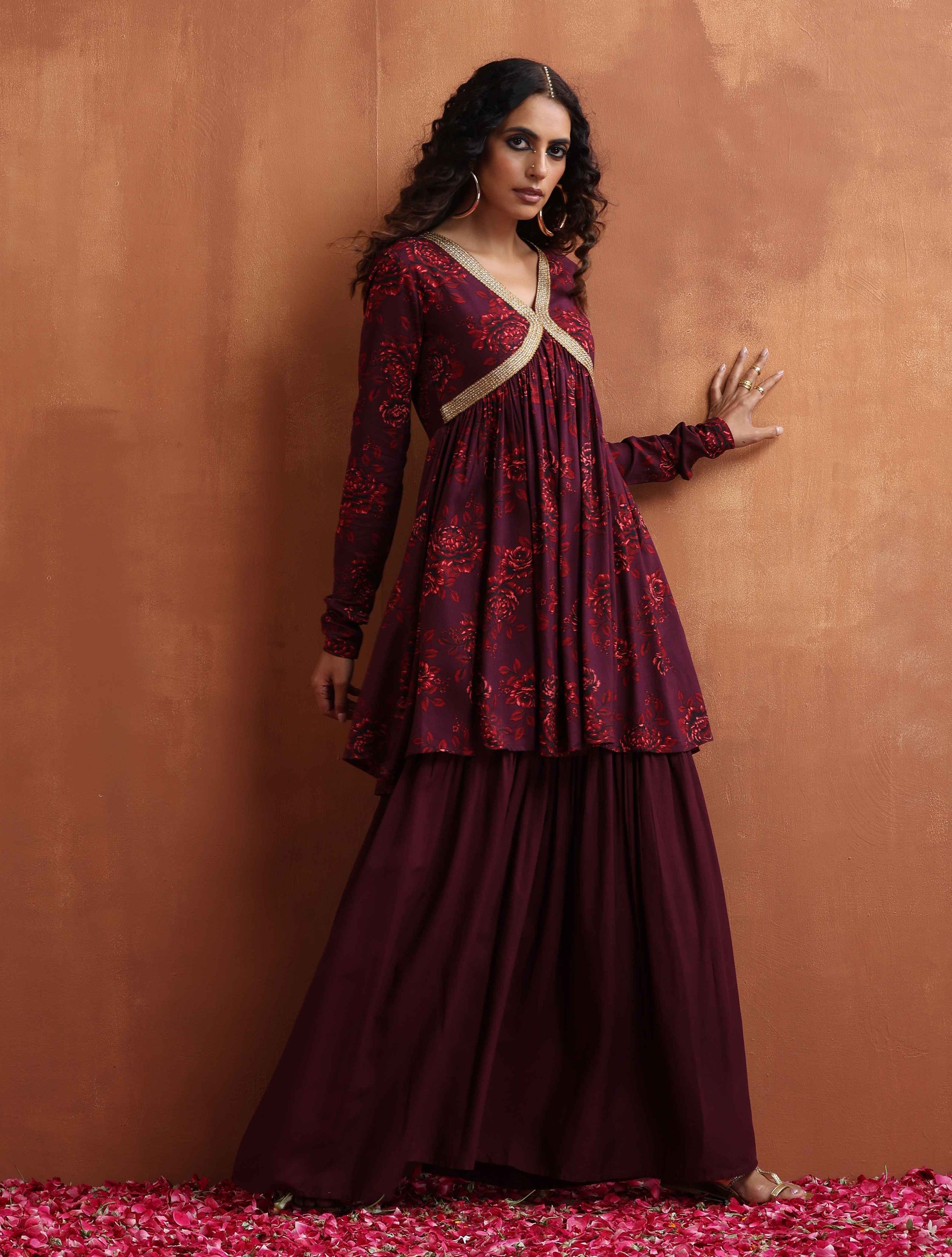 trueBrowns Purple Floral Print Sharara Set - Distacart