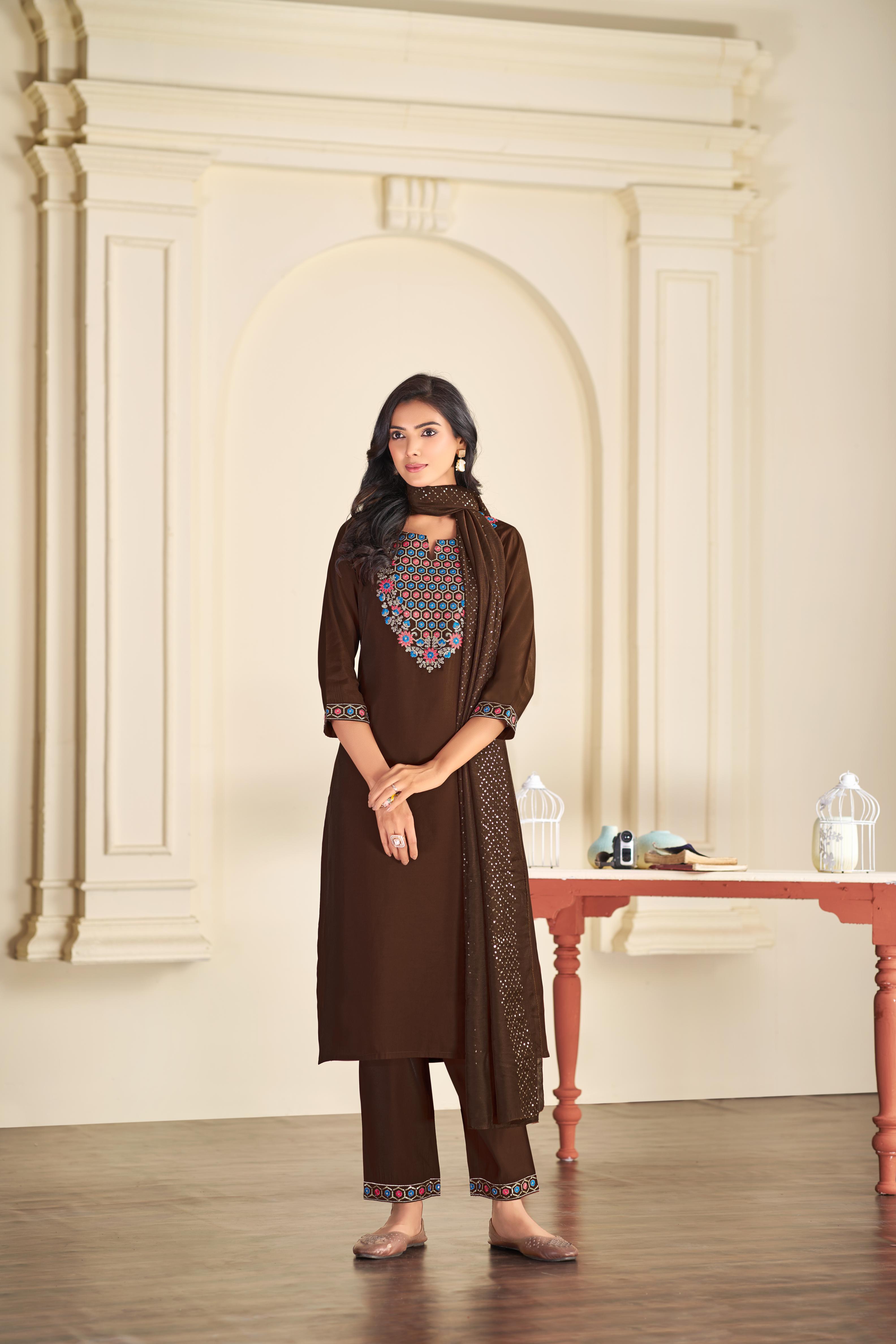 BulBul Ruhani Brown Embroidered Roman Silk Salwar Suit