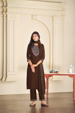 Thumbnail for BulBul Ruhani Brown Embroidered Roman Silk Salwar Suit