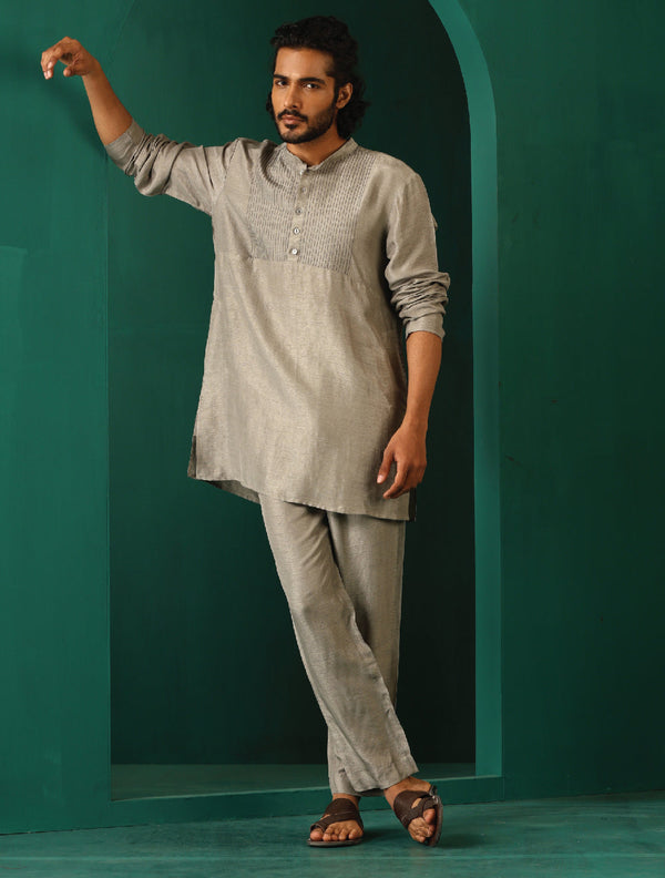 trueBrowns Men's Grey Silk Co-ord Set Yoke Detail - Distacart