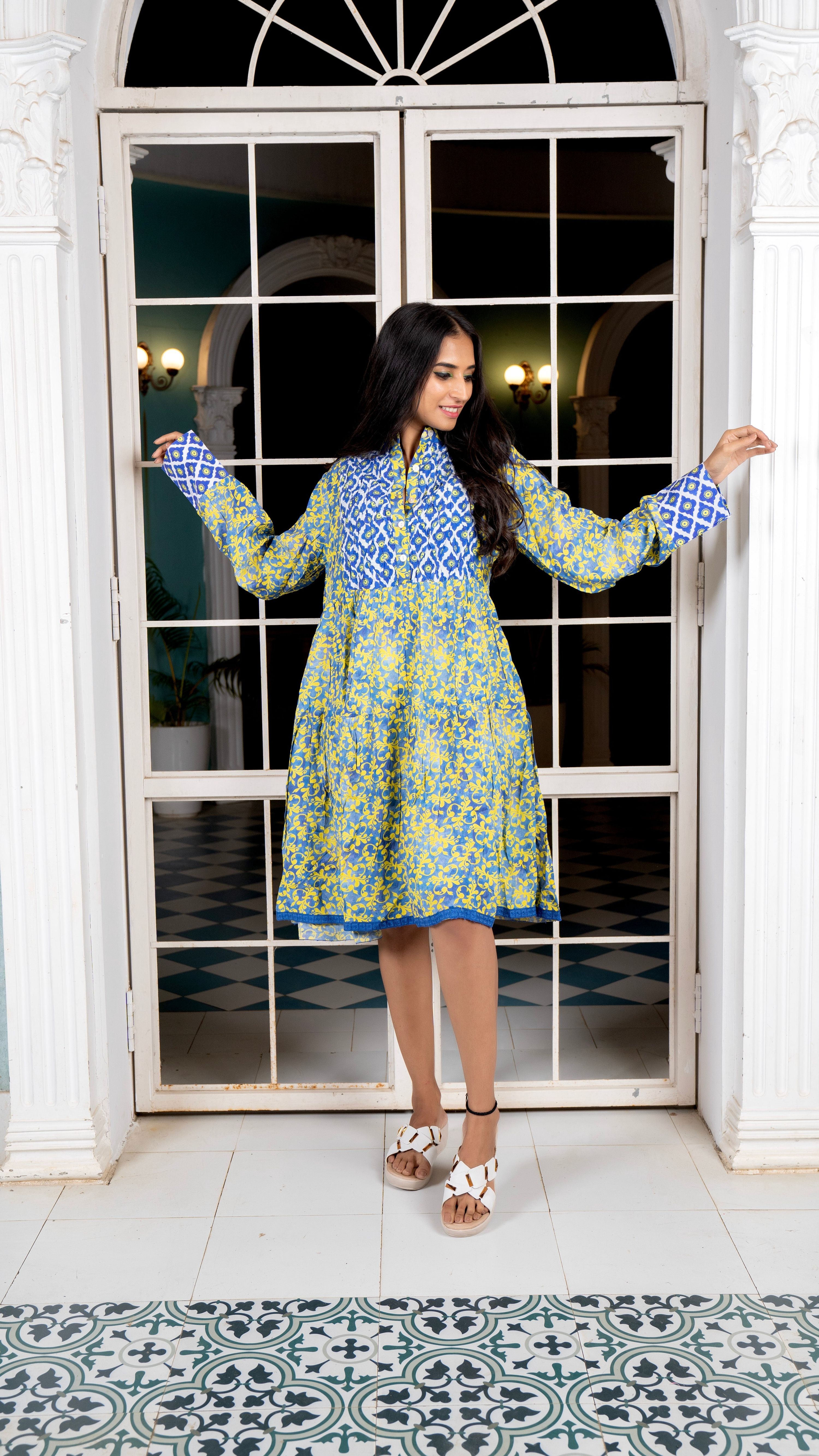 Noroke Sustainable fabric | Cupro Muslin Blue Pottery Tunic Dress - Distacart