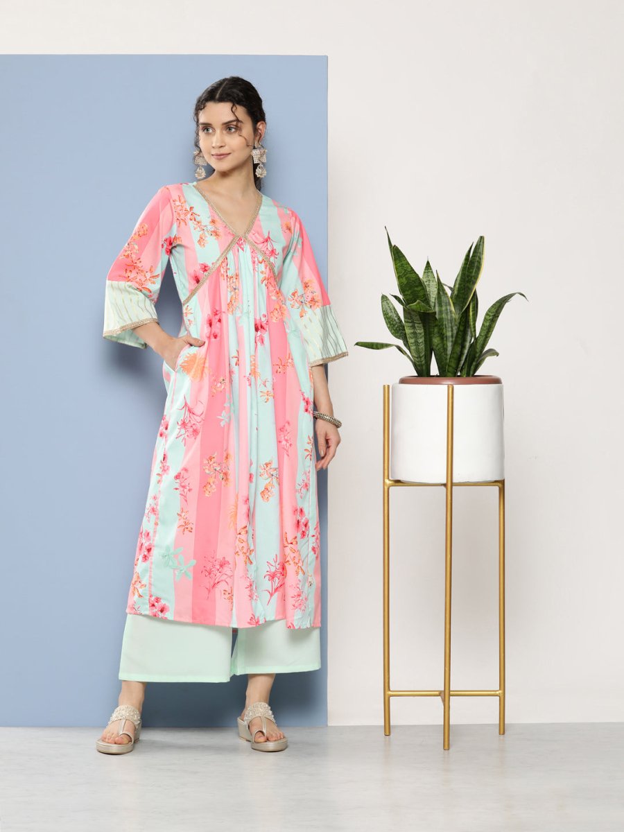 Ahalyaa Women Floral Printed Pleated Gotta Patti Kurta With Palazzos - Distacart