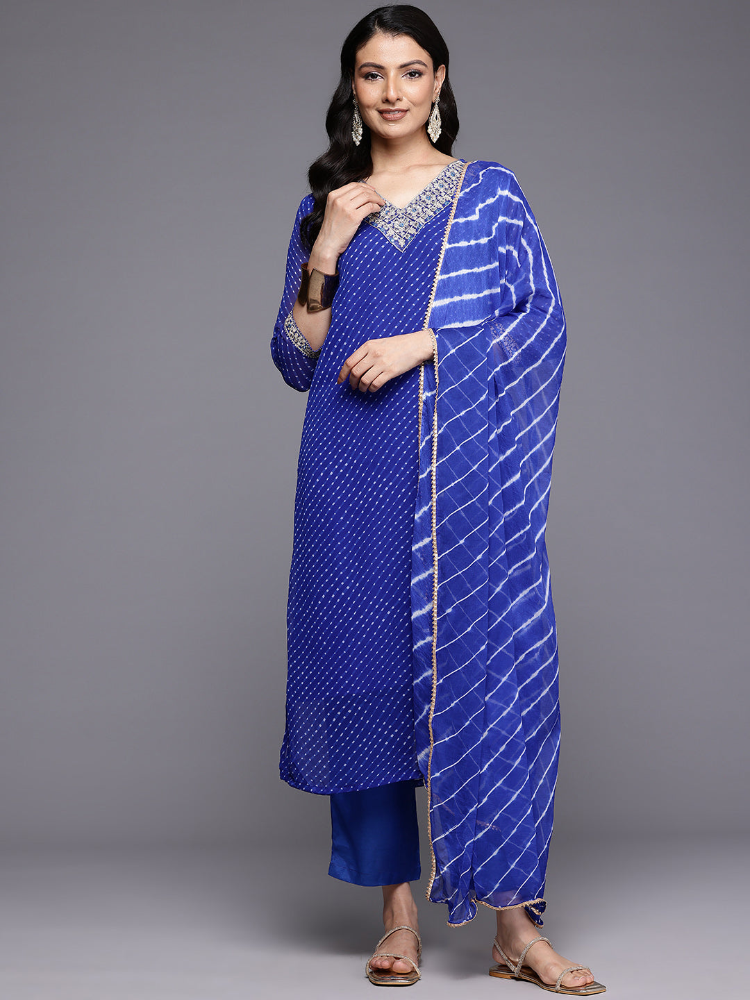 Varanga Women Navy Blue Bandhani Zari And Sequins Emboridered Kurta Set With Dupatta - Distacart