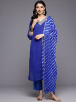 Thumbnail for Varanga Women Navy Blue Bandhani Zari And Sequins Emboridered Kurta Set With Dupatta - Distacart
