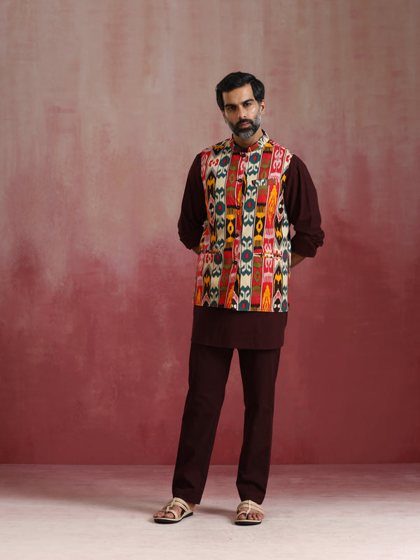 trueBrowns Men's Cola Ikat Print Cotton Reversible Nehru Jacket