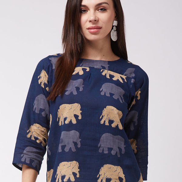 InWeave Elephant Print Blue Top - Distacart