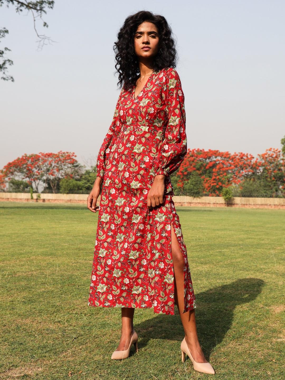 trueBrowns Red Cotton Block Print Backless Dress - Distacart
