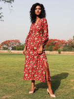 Thumbnail for trueBrowns Red Cotton Block Print Backless Dress - Distacart