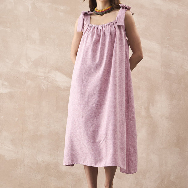 InWeave Dull Pink Linen Round Pleat Bow Dress - Distacart