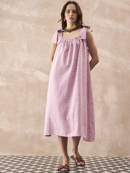 InWeave Dull Pink Linen Round Pleat Bow Dress