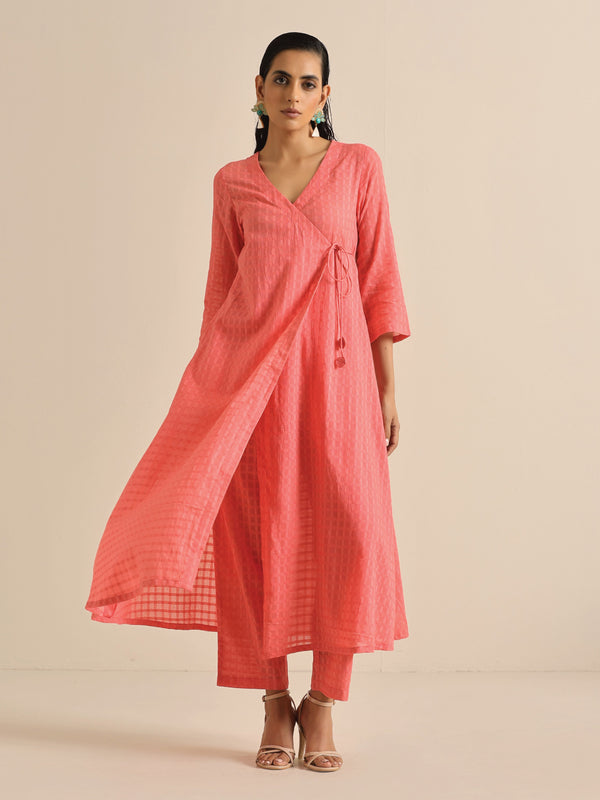 trueBrowns Bright Pink Dobby Angrakha Kurta Pant Set - Distacart