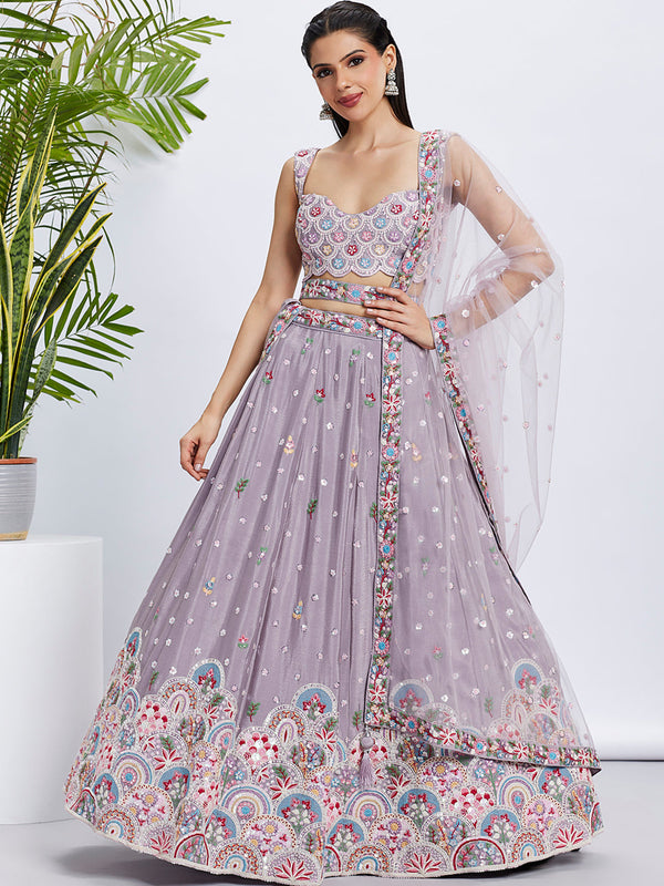 House of Panchhi Burgundy Pure Georgette Sequins And Thread Embroidery Lehenga Choli & Dupatta - Distacart