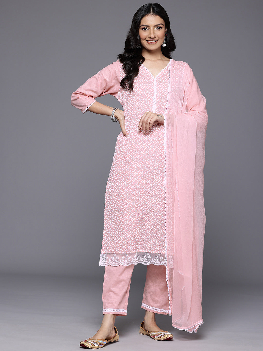 Varanga Women Peach V Neck Chickankari Embroidered Kurta With Tonal Bottom And Chiffon Dupatta - Distacart