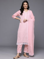 Thumbnail for Varanga Women Peach V Neck Chickankari Embroidered Kurta With Tonal Bottom And Chiffon Dupatta