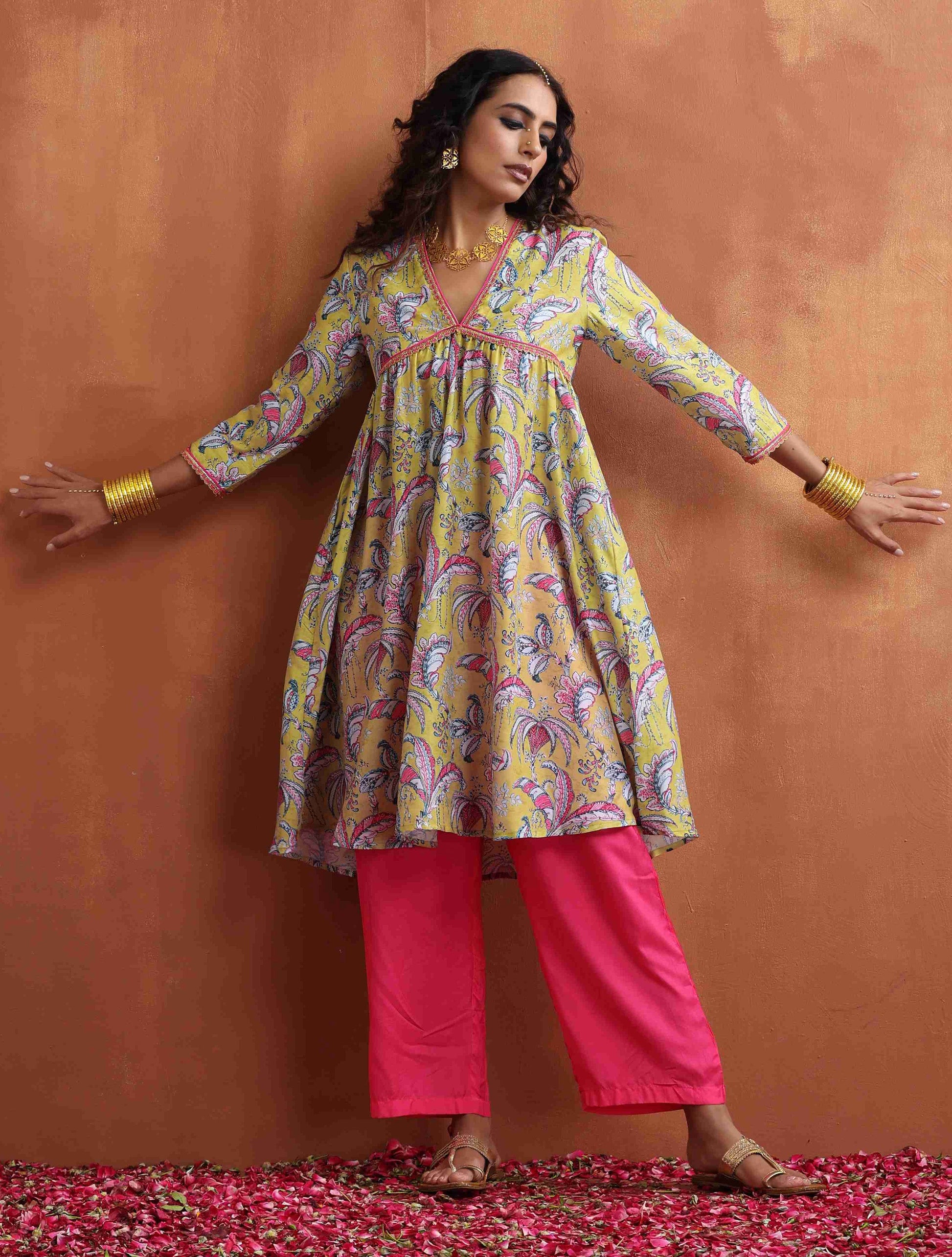 trueBrowns Yellow Print Anarkali Kurta Co-ord Set - Distacart