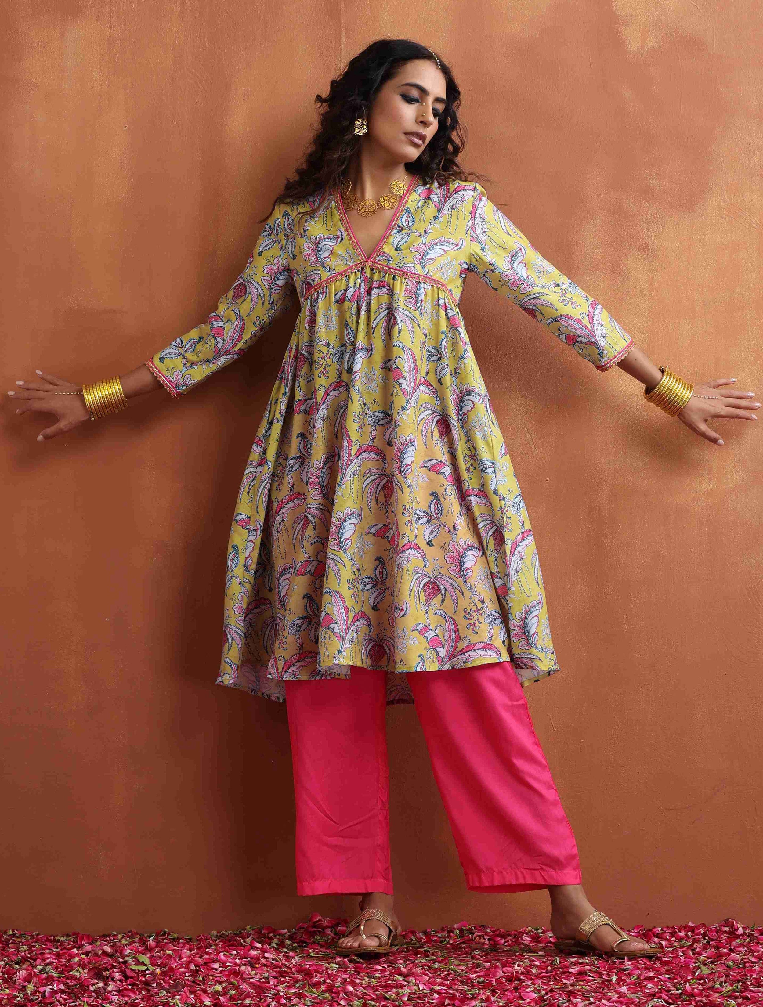 trueBrowns Yellow Print Anarkali Kurta Co-ord Set - Distacart