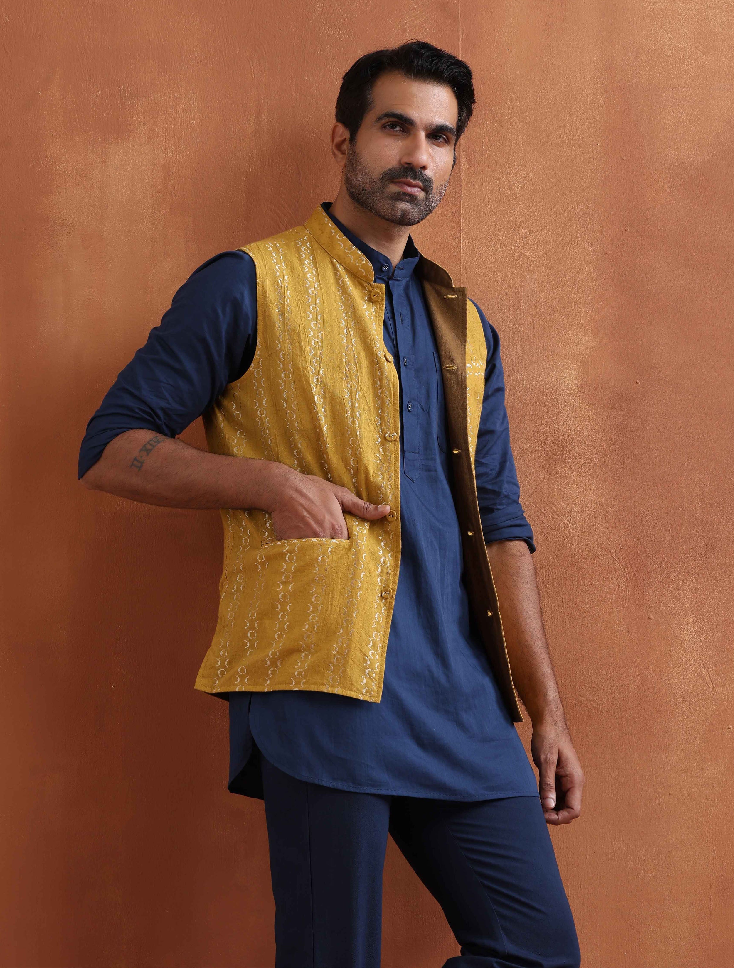 trueBrowns Men's Mustard Cotton Dobby Reversible Nehru Jacket - Distacart