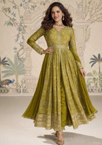 Thumbnail for Anaita Mehendi Chinon Anarkali Readymade Suit with Embroidery & Coding Work - Dista