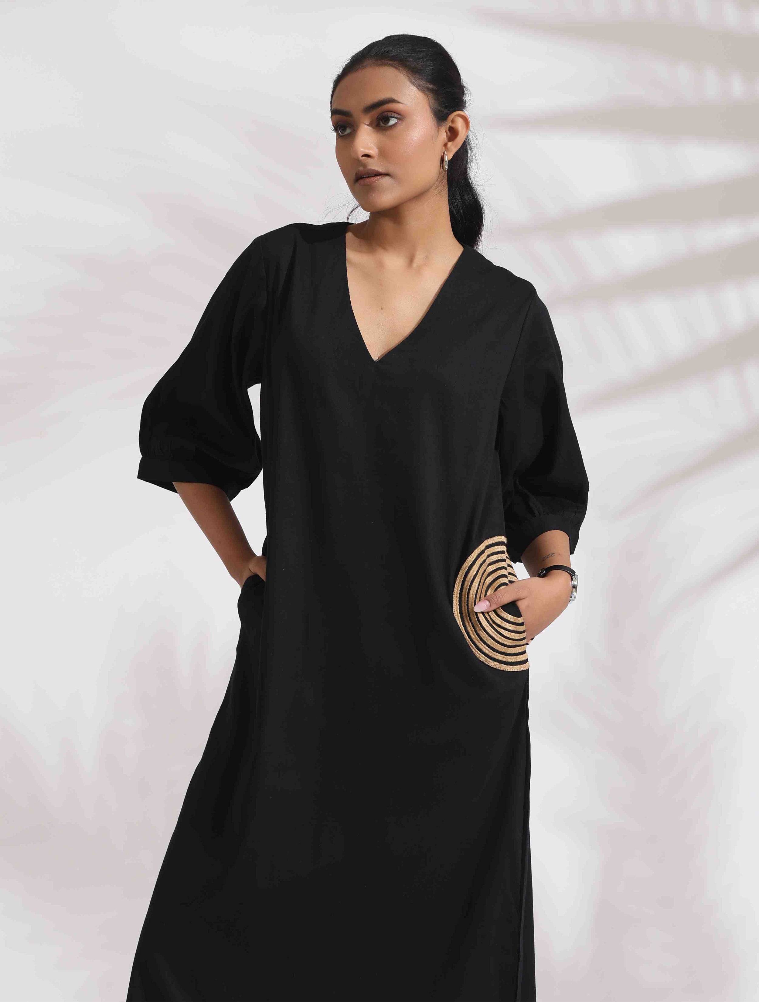 trueBrowns Black Cotton Embroidered Dress - Distacart
