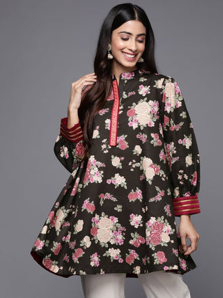 Ahalyaa Mandarin Collar Floral Print Crepe Tunic - Distacart