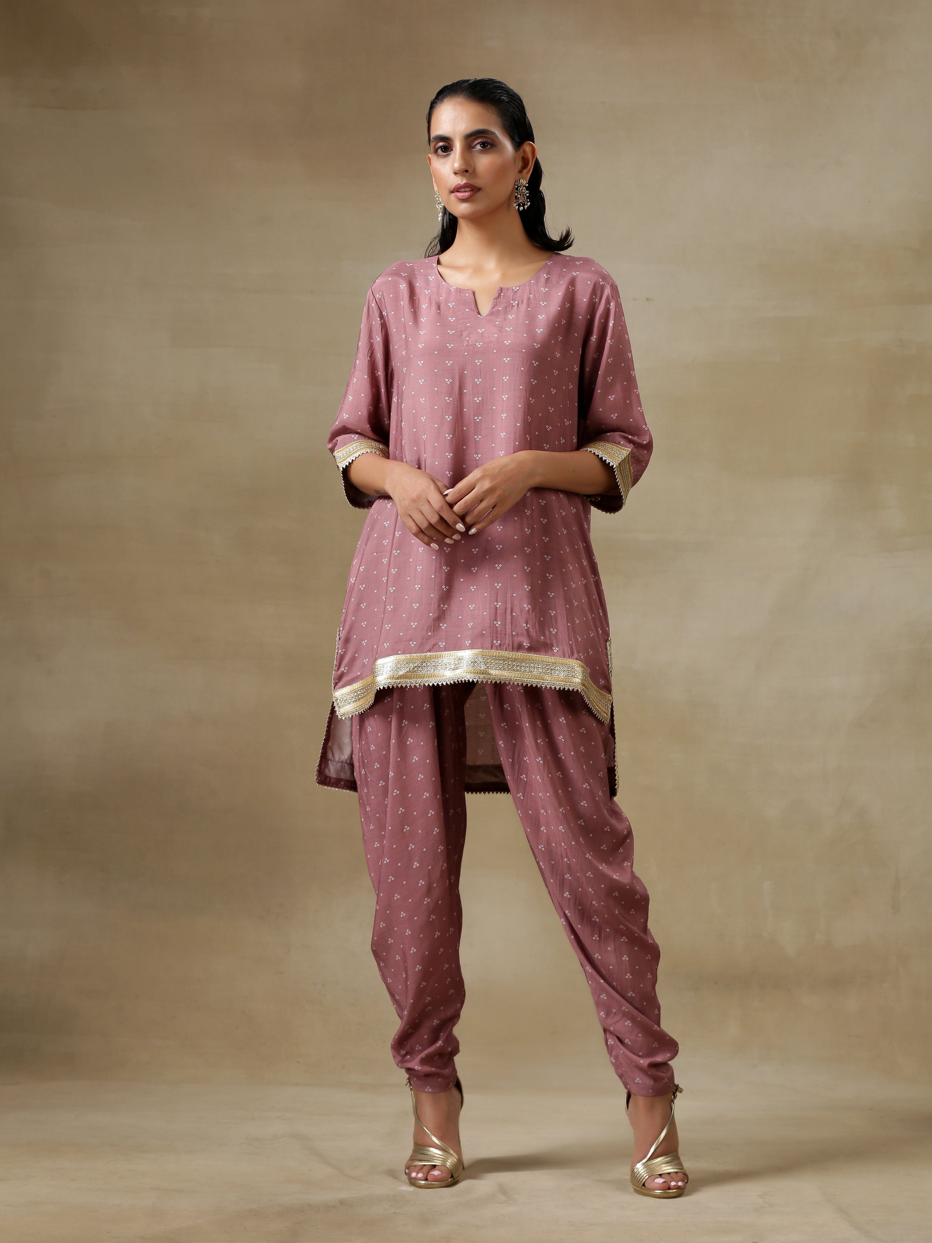 trueBrowns Dark Mauve Bandhani Printed Silk Loose Kurta Dhoti Pant Set - Distacart
