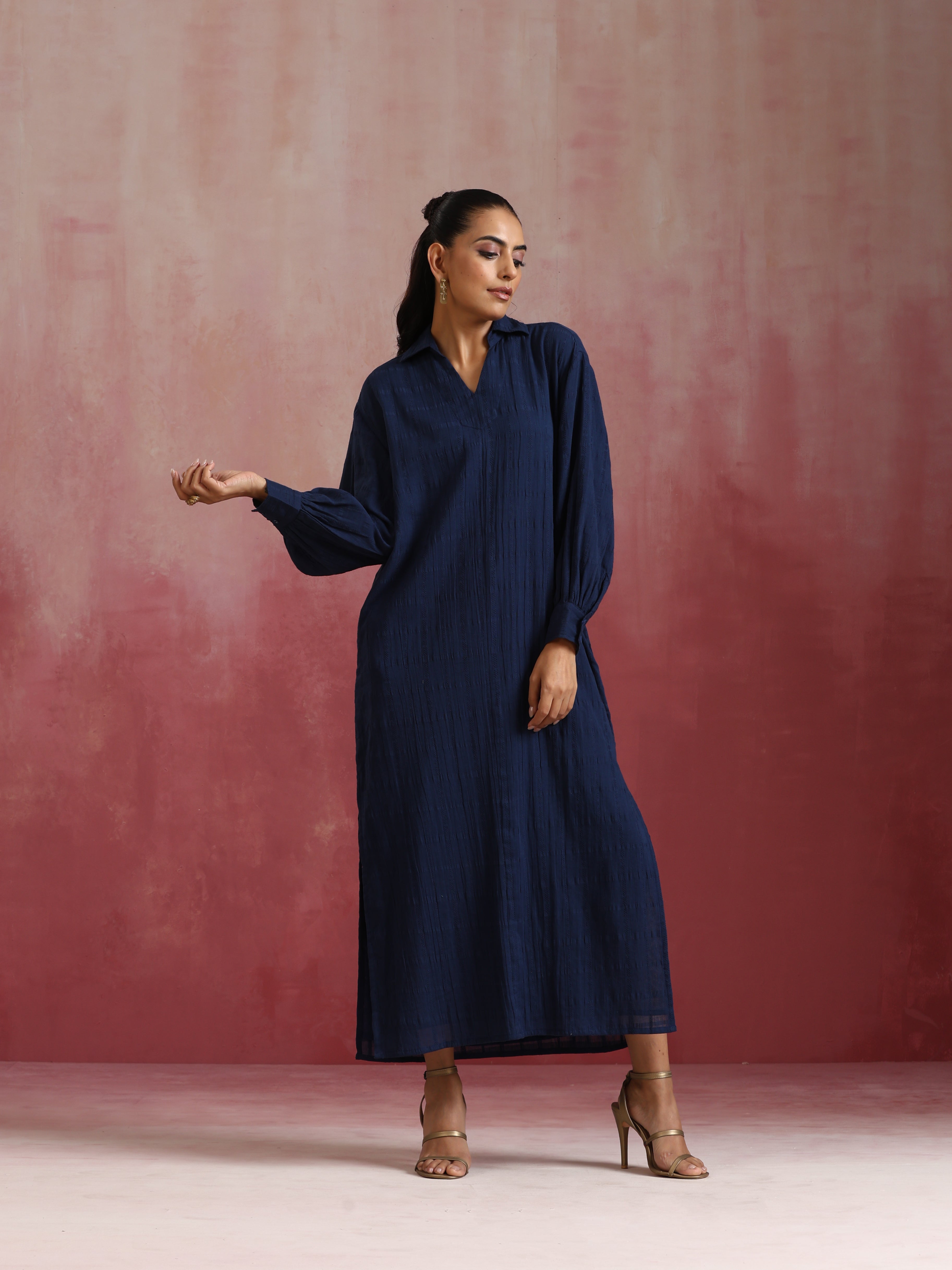 trueBrowns Dark Blue Cotton Dobby Dress - Distacart