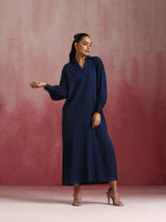 Thumbnail for trueBrowns Dark Blue Cotton Dobby Dress - Distacart