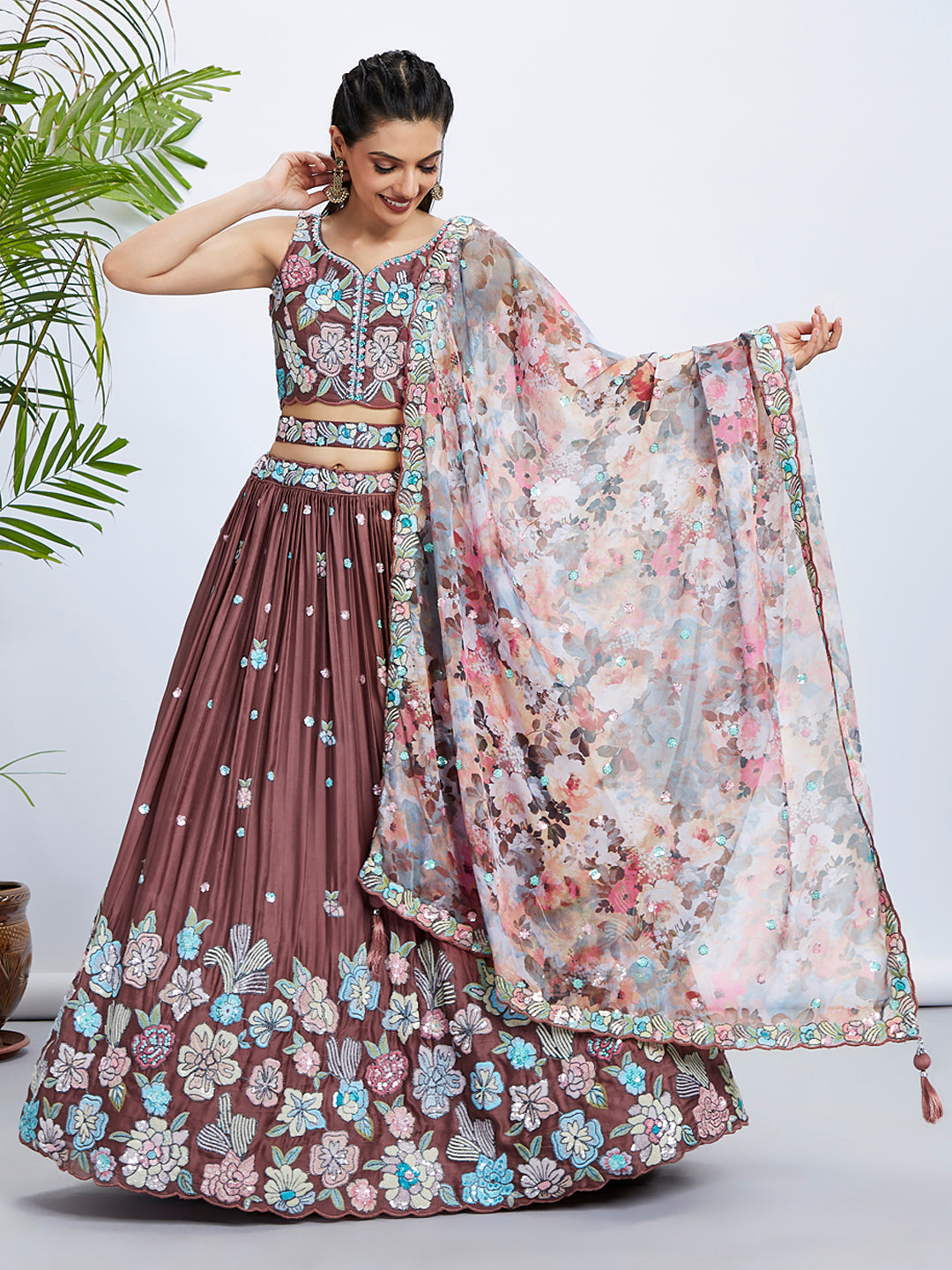 House of Panchhi Rose Gold Pure Georgette Sequins And Thread Embroidery Lehenga Choli & Dupatta - Distacart