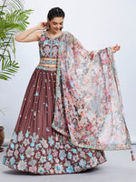 Thumbnail for House of Panchhi Rose Gold Pure Georgette Sequins And Thread Embroidery Lehenga Choli & Dupatta - Distacart