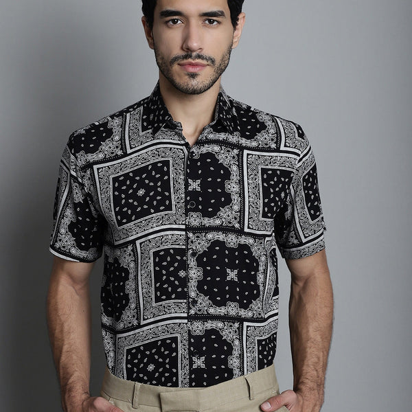 Jainish Men's Paisley Printed Formal Shirts - Black - Distacart