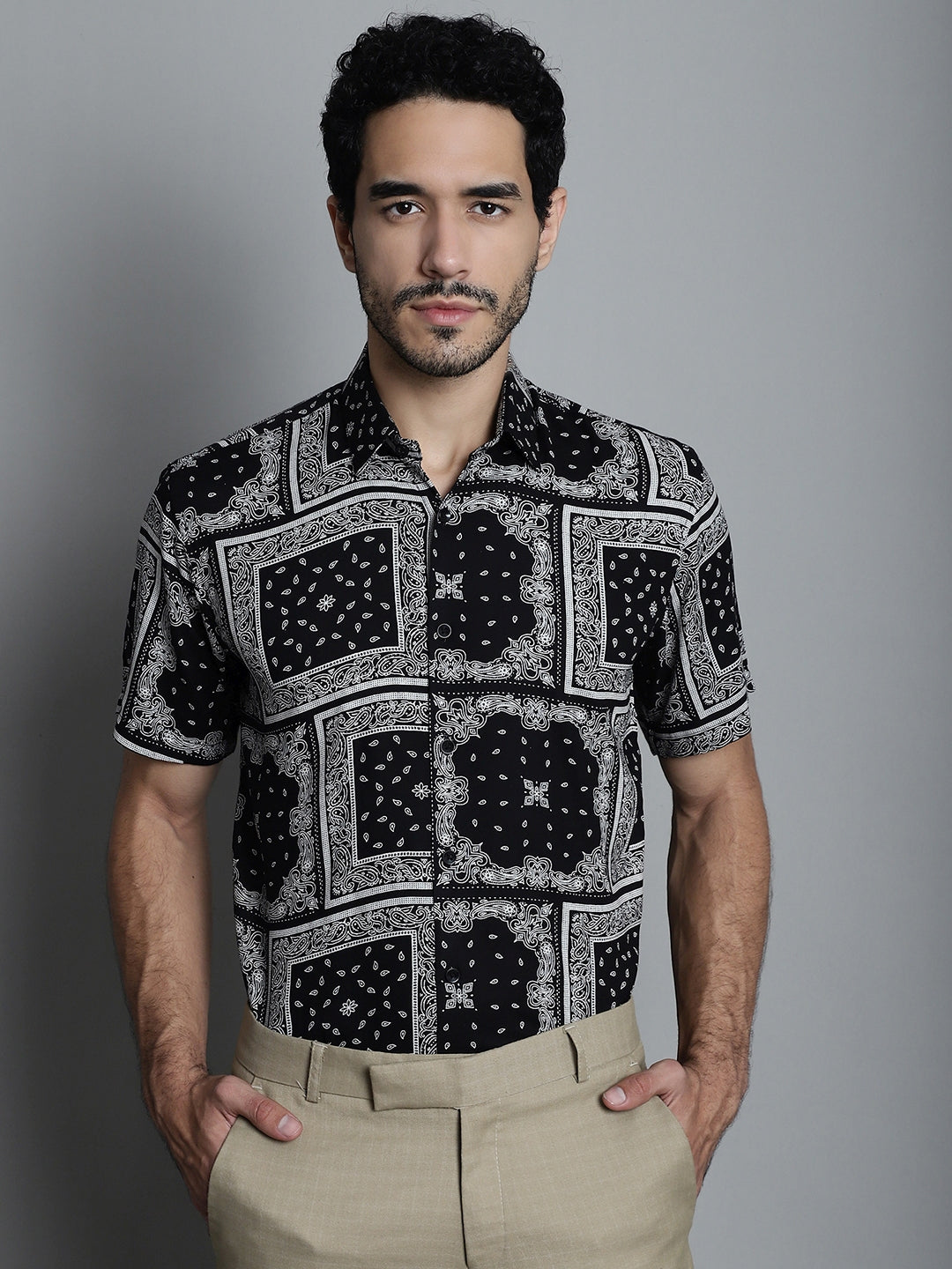 Jainish Men's Paisley Printed Formal Shirts - Black - Distacart