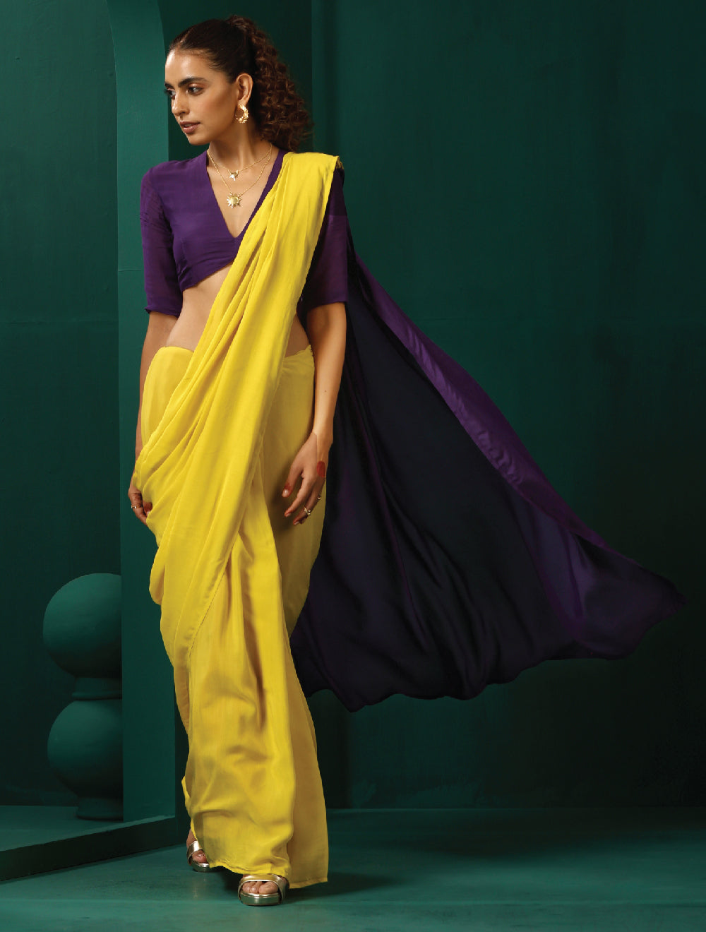 trueBrowns Yellow Purple Muslin Silk Ready to Wear Saree - Distacart