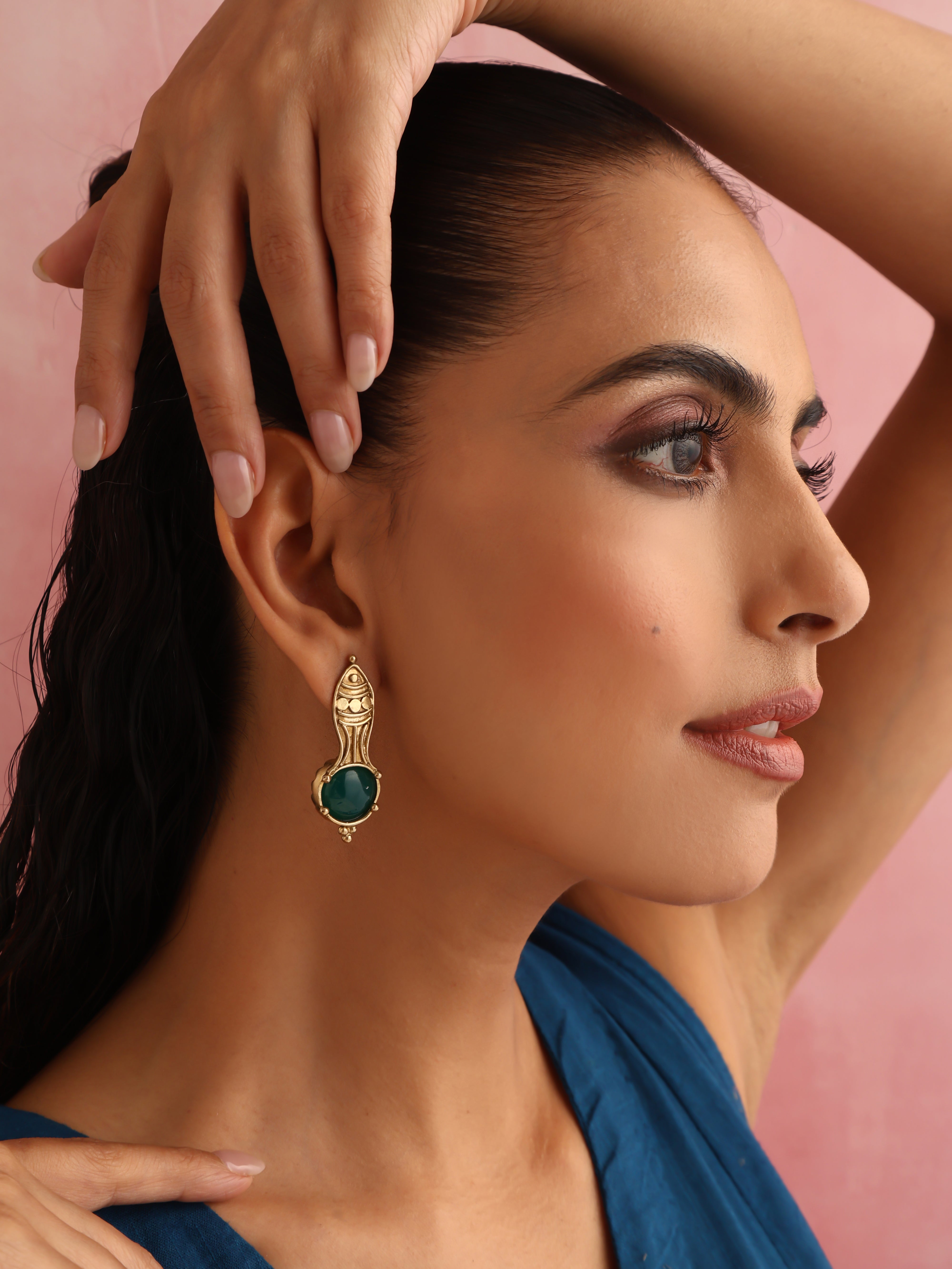 trueBrowns Brass Green Stone Abstarct Earrings - Distacart