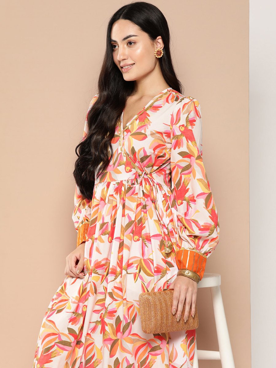 Ahalyaa Floral Printed Tie-Ups Crepe Empire Ethnic Dress - Distacart