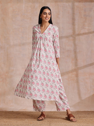 trueBrowns Pink Green Buta On White Block Print Cotton Slit Kurta Pant Set - Distacart